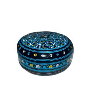 Black Lacquerware Wood Trinket Jewel Box Blue, White, Gold Etched Mandela Design